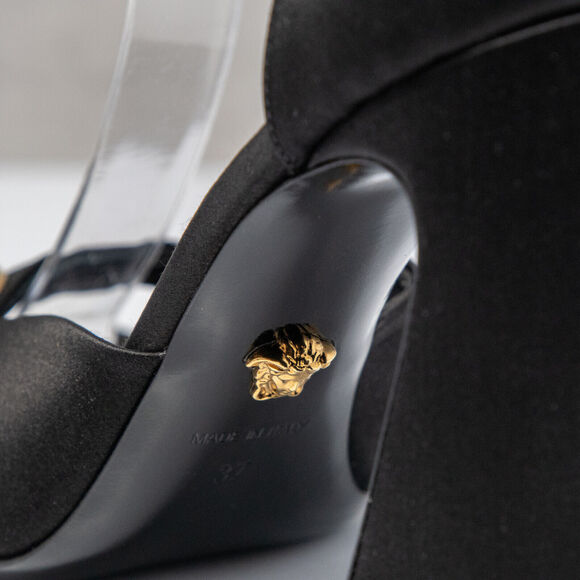 Versace Medusa Crystal Gold Medallion Black Satin Sandals, Size 37 EU (7 US) - Picture 7 of 11